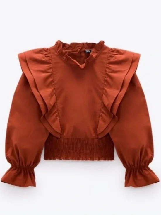 Zara Women’s Medium Ruffled Poplin Crop Top Blouse M 100% Cotton Brick Red - Picture 2 of 15